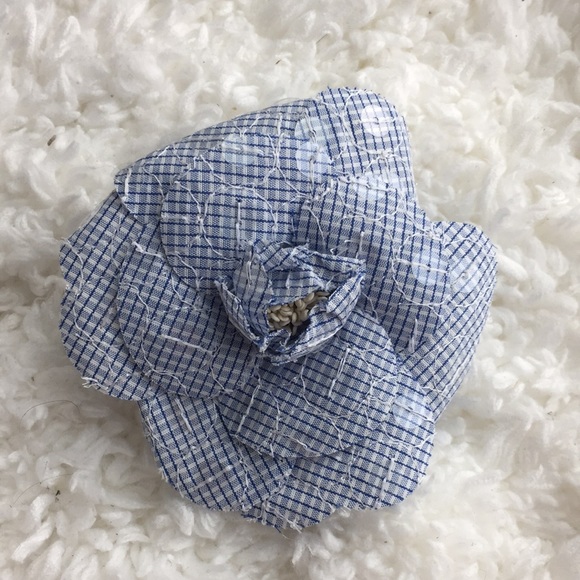 Chanel Blue Sequin Gingham Camellia Brooch Vintage - Picture 3 of 6